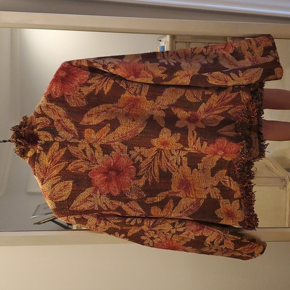 Chico's 0 floral tweed jacket open front fray trim front pockets silk collarless - Picture 3 of 4